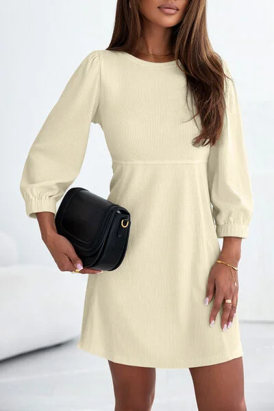 Ribbed Round Neck Balloon Sleeve Mini Dress Casual Button-Up Mini Dress