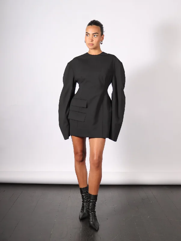 Rounded Sleeve Tailored Mini Dress in Black by A.W.A.K.E. Mode Chic Puff Sleeve Mini Dress