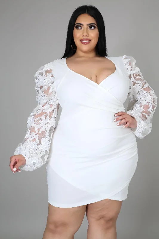 Royal Curves Appliqué Sleeve Surplice Mini Dress Elegant Off-Shoulder Dress Mini