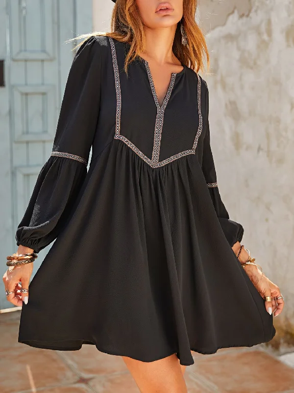 Ruched Notched Long Sleeve Mini Dress Fashionable Pleated Mini Dress