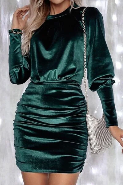 Ruched Round Neck Lantern Sleeve Mini Dress Comfortable Casual Mini Dress