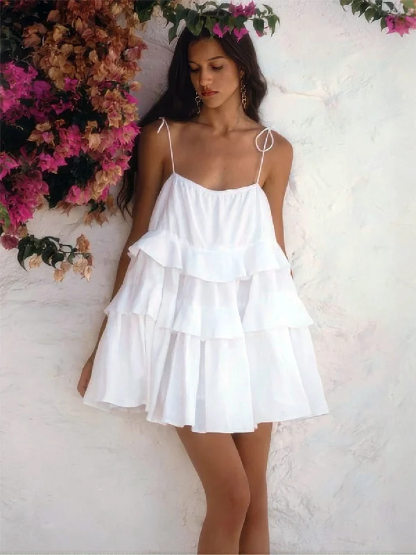 Ruffled Cake Backless Suspender Mini Dress Elegant Mini Dress with Pleats