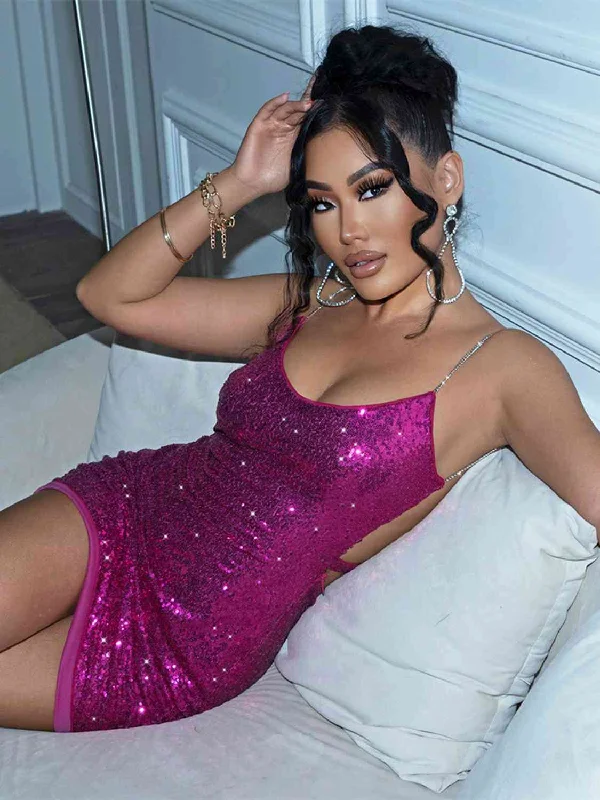 Sequin Cutout Spaghetti Strap Mini Dress Casual High-Waist Mini Dress
