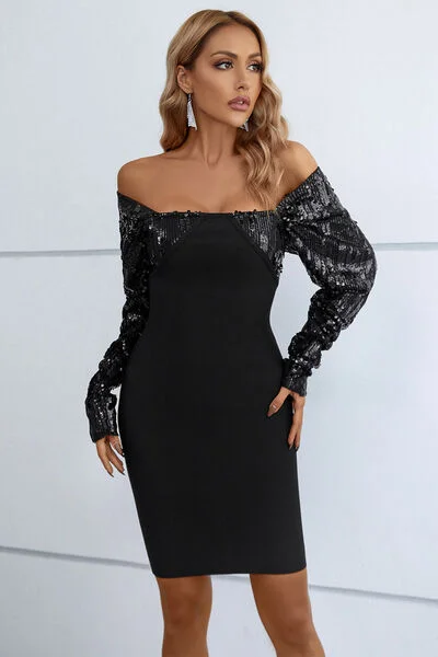 Sequin Off-Shoulder Mini Dress Stylish Short-Sleeve Mini Dress