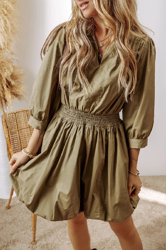 Smocked Johnny Collar Three-Quarter Sleeve Mini Dress Comfortable Bodycon Mini Dress