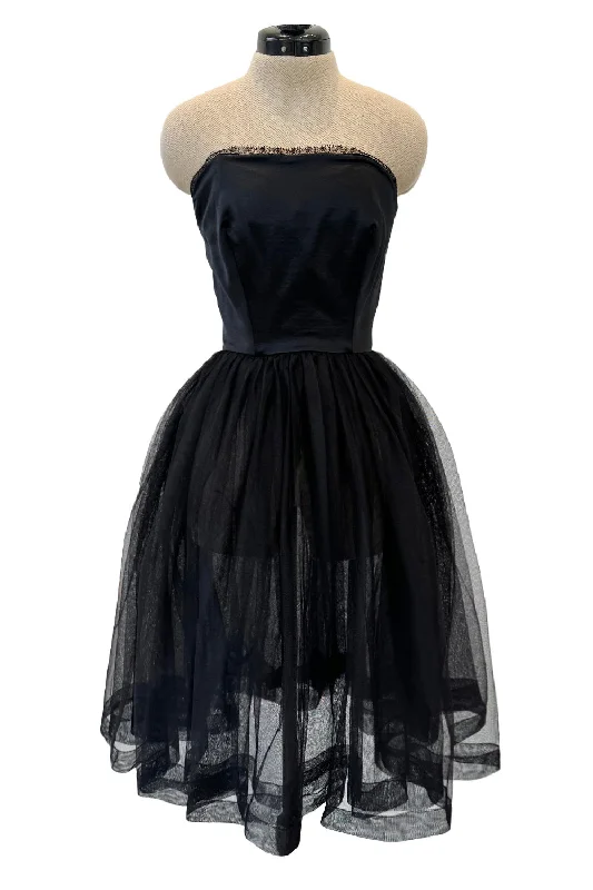 Stupendous c. Fall 1991 Chanel by Karl Lagerfeld Strapless Mini Dress w Full Net Skirt Cozy Long Sleeve Mini Dress