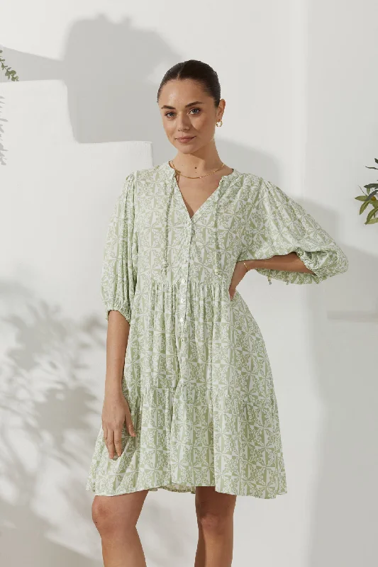 Sylvie Green Tile Abstract Button Down Mini Dress Comfortable Shift Mini Dress