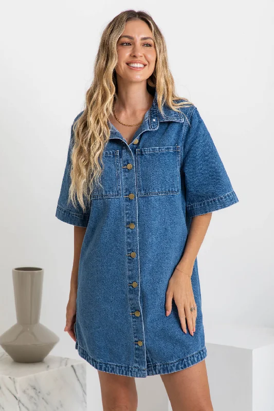 Tallow Relaxed-Fit Denim Mini Dress - Dark Blue Wash Cozy Jersey Mini Dress