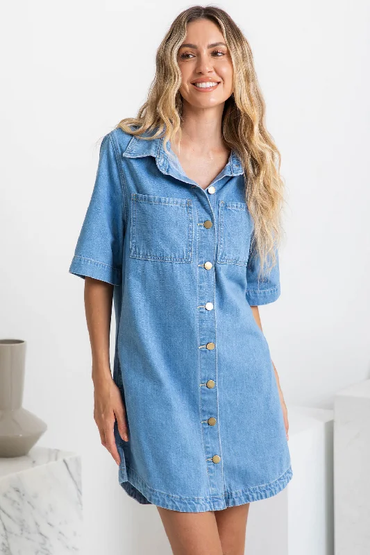 Tallow Relaxed-Fit Denim Mini Dress - Light Wash Chic Pleated Mini Dress