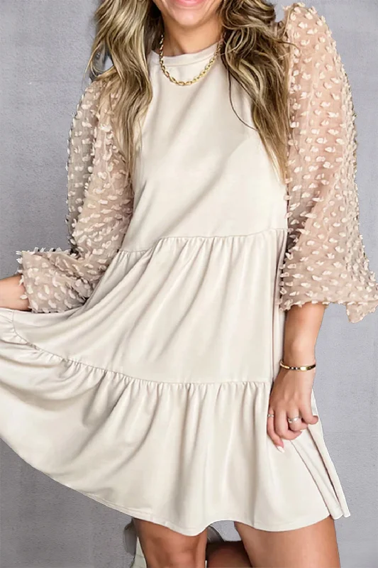 Tiered Round Neck Balloon Sleeve Mini Dress Casual V-Neck Mini Dress