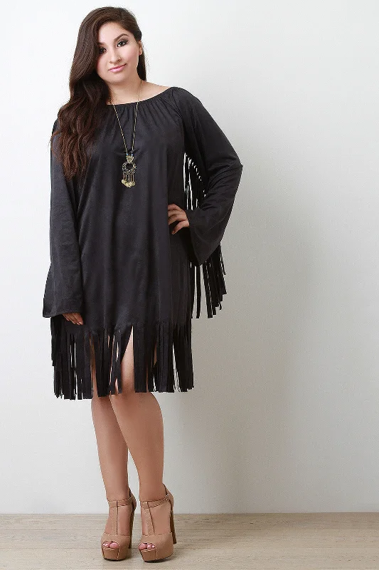 Bohemian Suede Long Sleeve Fringe Accents Mini Dress Elegant Vintage Mini Dress