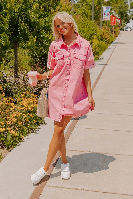 Urban Edge Denim Mini Dress in Pink Chic Puff Sleeve Mini Dress