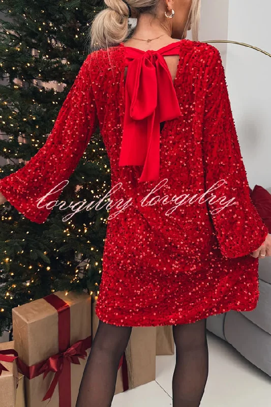 Velvet Sequin Back Bow Bell Sleeves Loose Mini Dress Fashionable A-Line Mini Dress