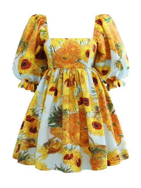 Vintage Barbie Dress for Women Flower Print Dashiki Ankara Mini Dresses Lantern Sleeve Summer Backleass Dresses Classic Floral Mini Dress