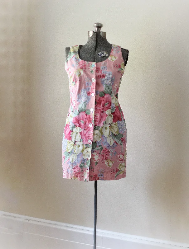 Vintage Floral Pink Carol Anderson Mini Dress Stylish Short-Sleeve Mini Dress