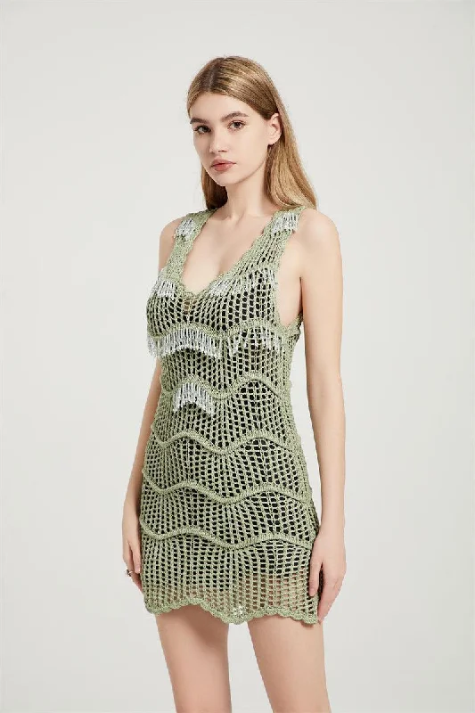 Wava Deep V-neck Crochet Cover Up Mini Dress Beading Fringe Casual Button-Up Mini Dress