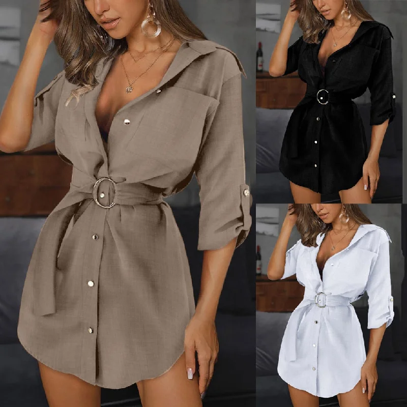 Women Shirt Button Mini Dress Elegant Blouses For Women Autumn Long Sleeve Casual Mini Dress with Pockets
