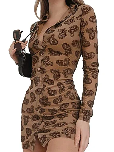 Women Buttons Fashion Polo Turn-Down Collar Leopard Print Dress Color Casual Hem TightLong Sleeve Lace Up Tunic Office Lady Slim Fit Mini Bodycon V-Neck Clubwear Mini Dress | Original Brand Cozy Ruched Mini Dress