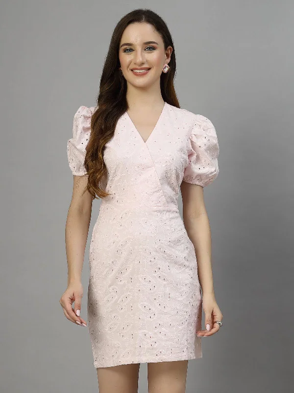SMERA MART Women's Cotton Schiffli Overlap V Neck Bodycon Mini Dress - Pink Stylish Short-Sleeve Mini Dress