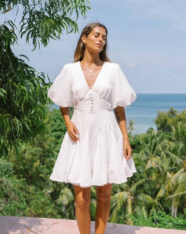 Wren White Waffle Godet Mini Dress Elegant Mini Dress with Ruffles