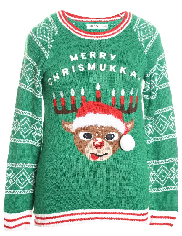 Green Nordic Reindeer Christmas Jumper - M