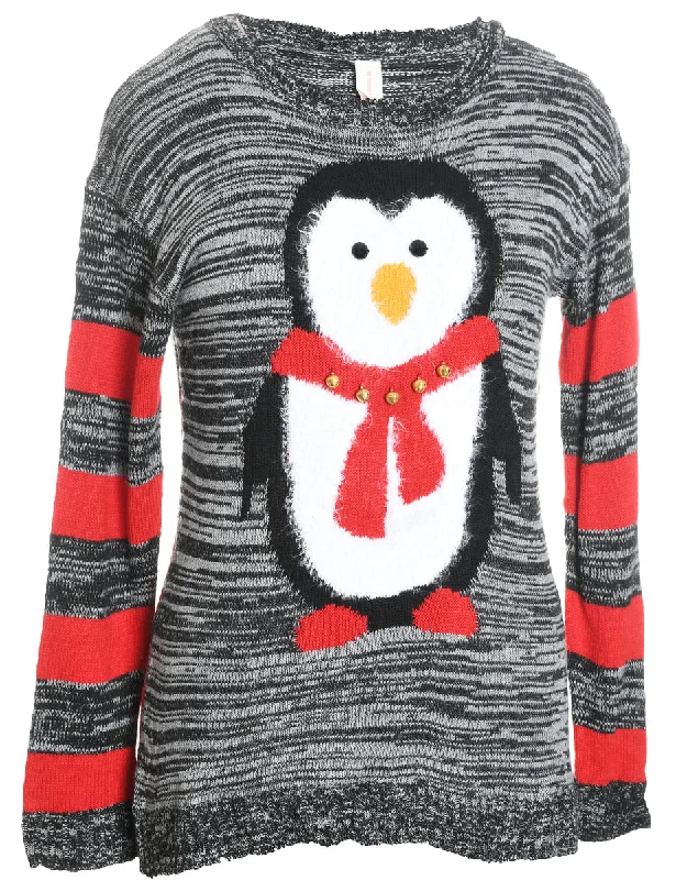 Grey & Red Striped Knit Christmas Jumper  - M