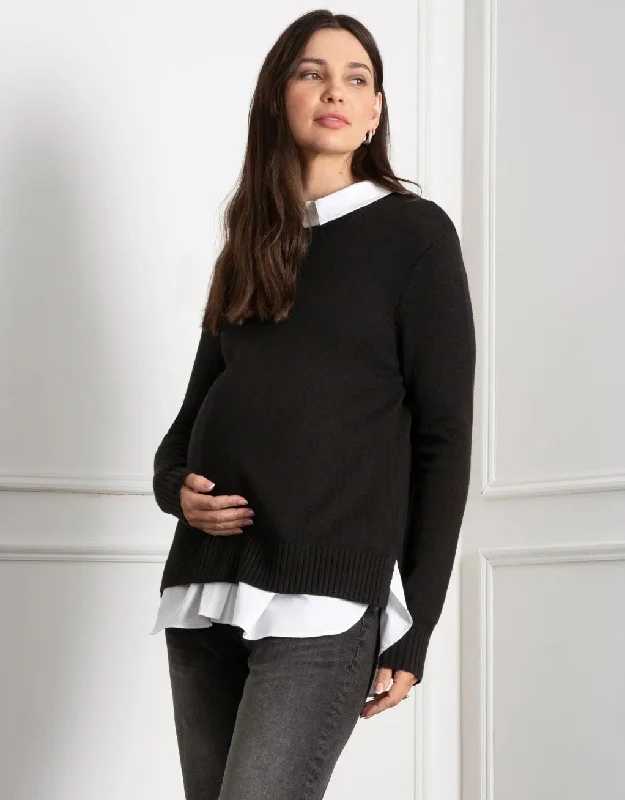 Knit Maternity & Nursing Jumper with Woven Shirt - Black