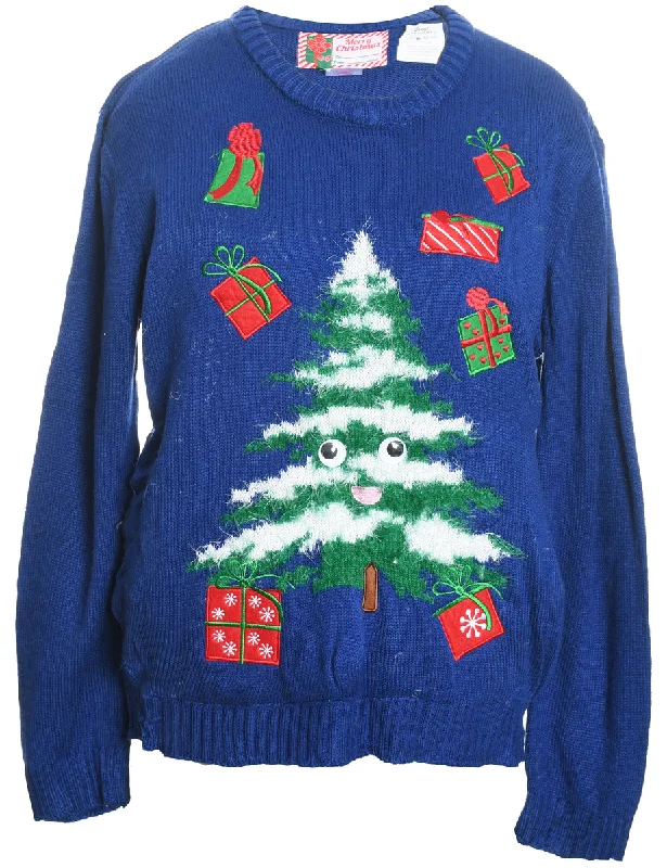 Navy Tree Design Christmas Jumper - L