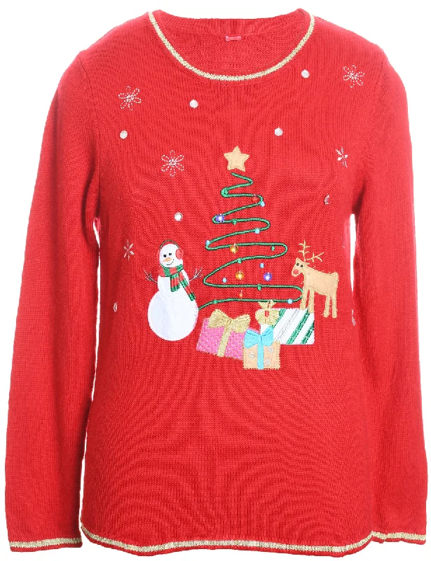 Red Embroidered Christmas Tree Design Jumper - M