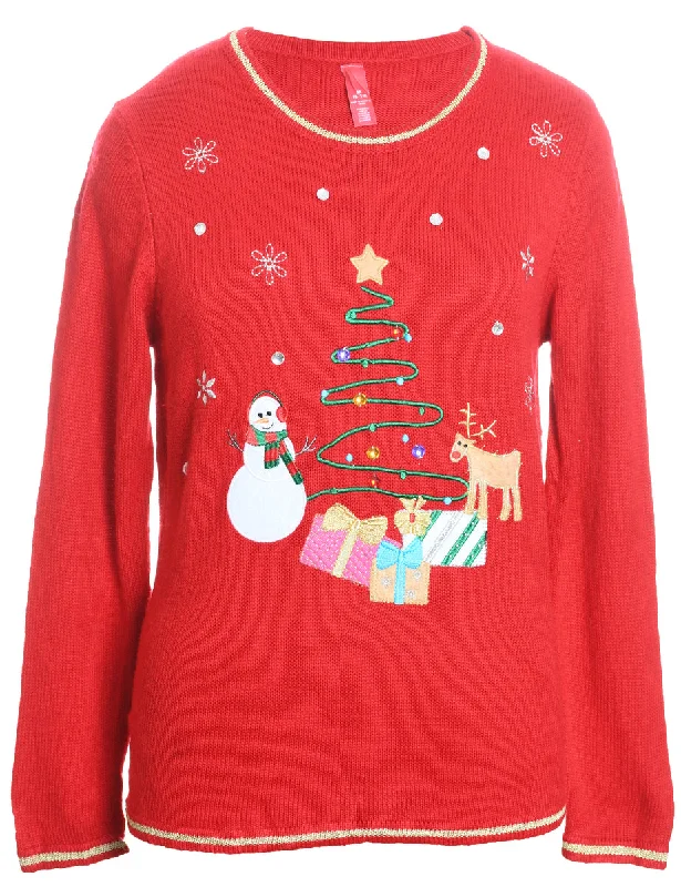 Red Embroidered Knit Christmas Jumper - M