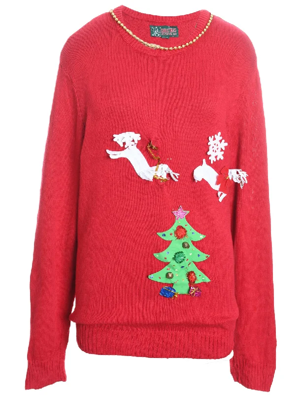 Red Knit Reindeer Design Christmas Jumper - XL