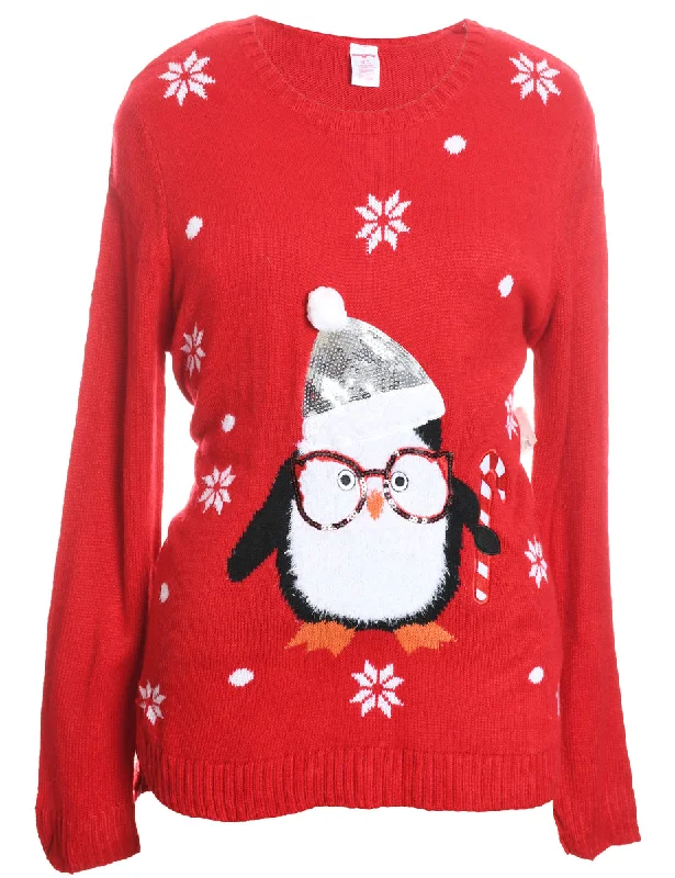 Red Penguin Design Knit Christmas Jumper - L