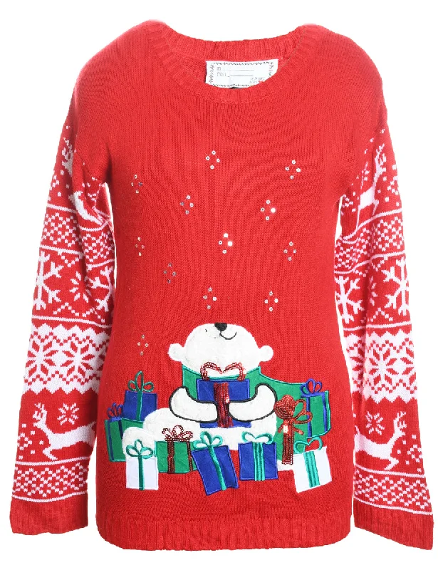 Red & White Polar Bear Design Appliqued Christmas Jumper - M