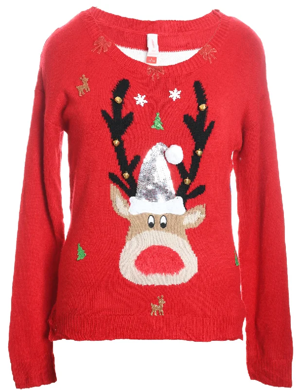 Reindeer Design Red & White Knit Christmas Jumper - L