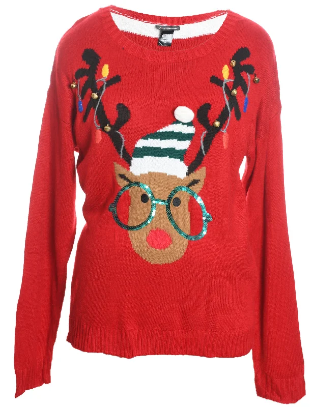 Reindeer Design Red & White Knit Christmas Jumper - XL