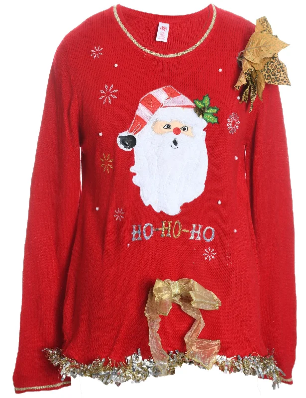 Santa Claus Design Embroidered Knit Christmas Jumper - L