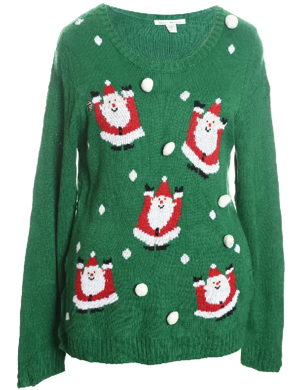 Santa Claus Design Green Knit Christmas Jumper - XL