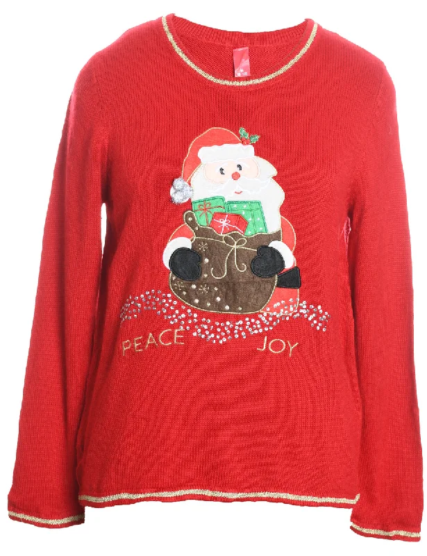 Santa Claus Design Red Embroidered Knit Christmas Jumper - M