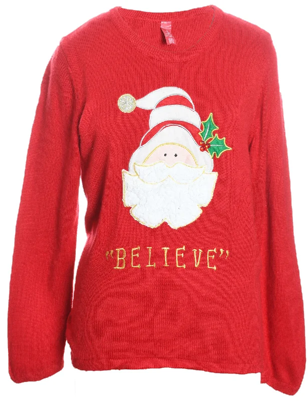 Santa Claus Design Red Knit Christmas Jumper - L