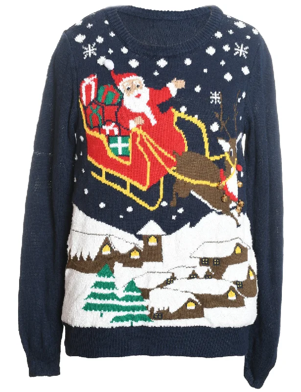 Santa Claus & Reindeer Design Navy Knit Christmas Jumper - M