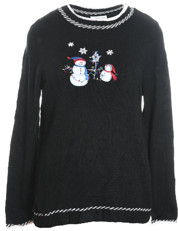 Snowman Design Black Embroidered Knit Christmas Jumper - M