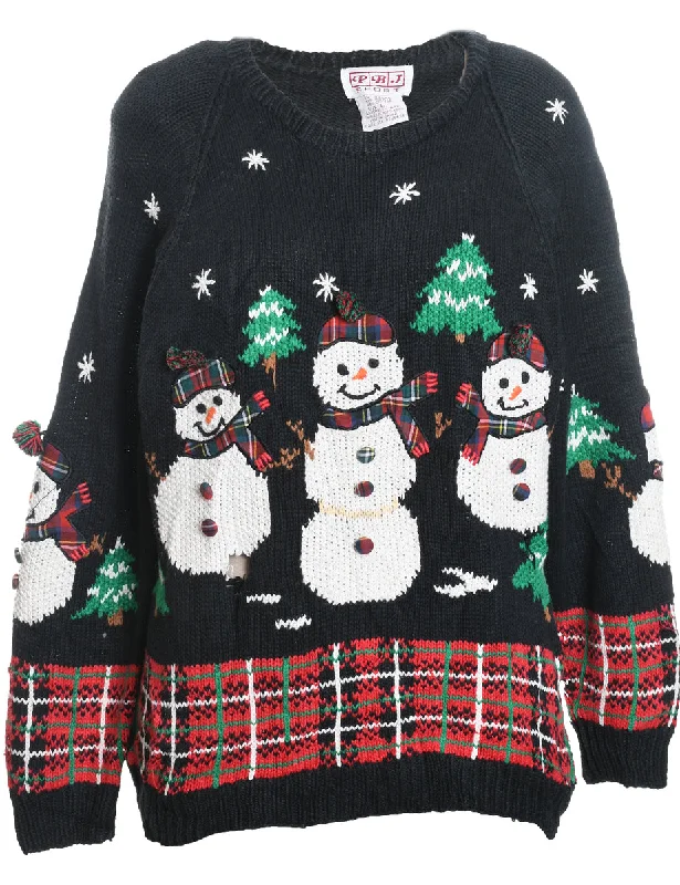 Snowman Design Black Knit Christmas Jumper - L