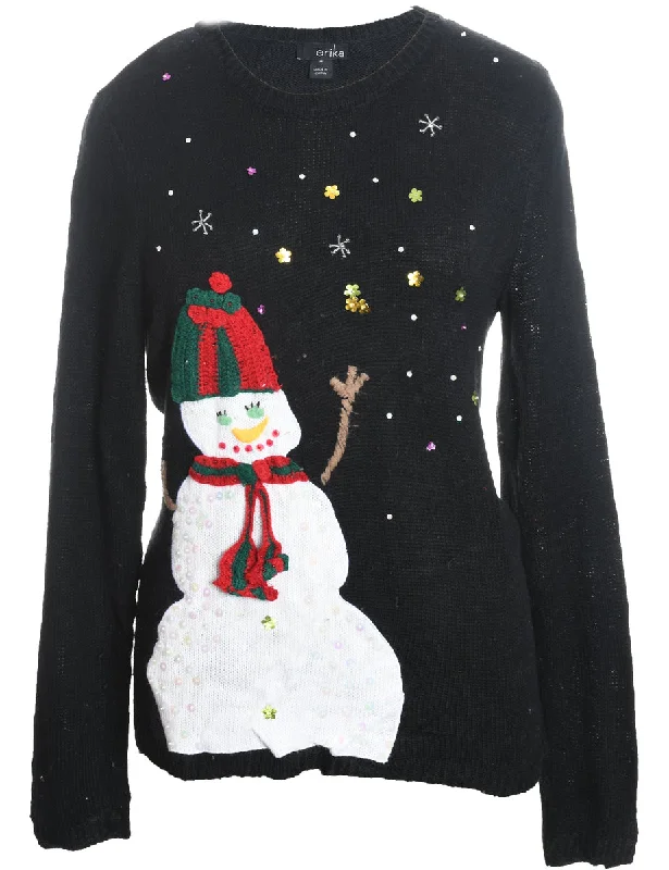 Snowman Design Black Knit Christmas Jumper - M