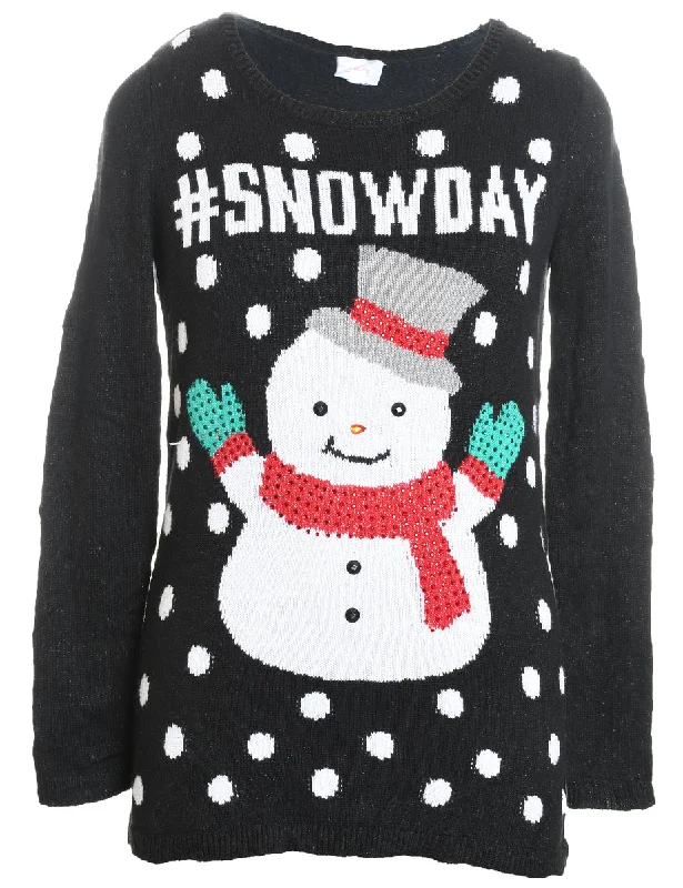 Snowman Design Black Knit Christmas Jumper - M