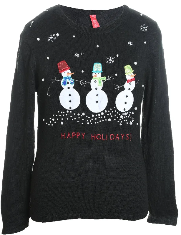 Snowman Design Black Knit Christmas Jumper - S