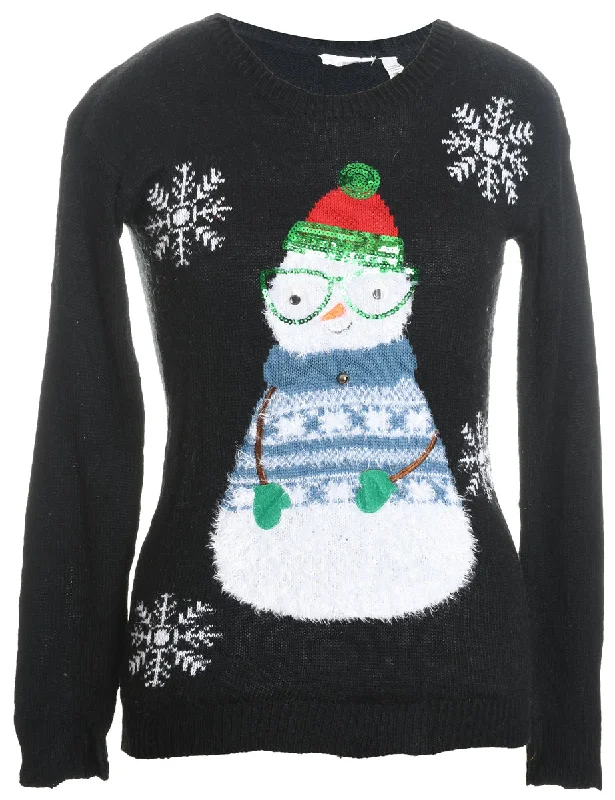 Snowman Design Black Sequined Knit Christmas Jumper - S