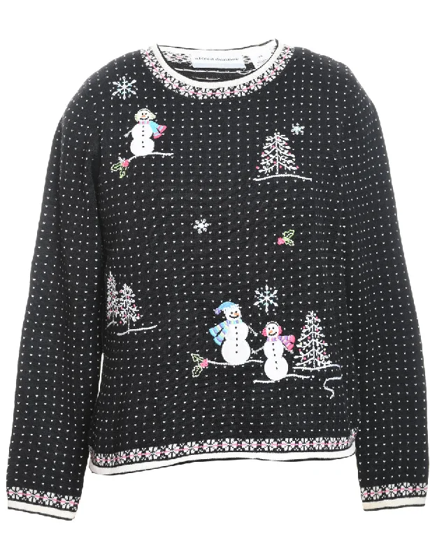 Snowman Design Black & White Embroidered Christmas Jumper - S