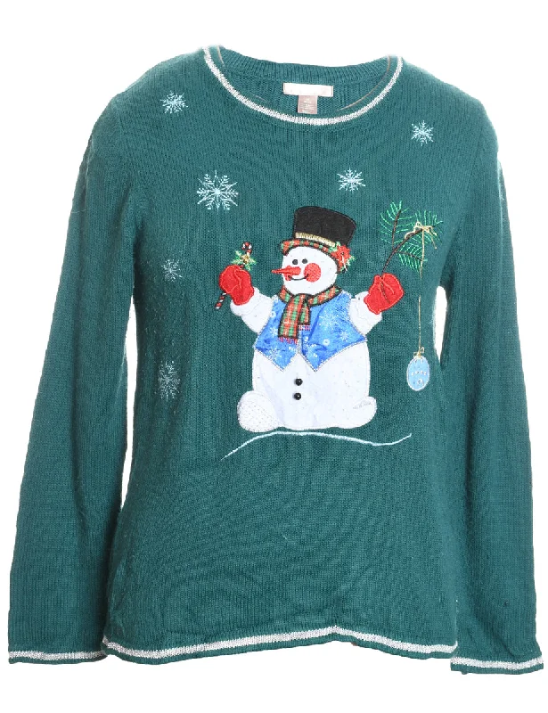 Snowman Design Green Knit Christmas Jumper - M