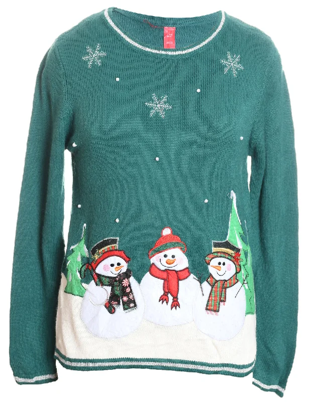 Snowman Design Green Knit Christmas Jumper - S