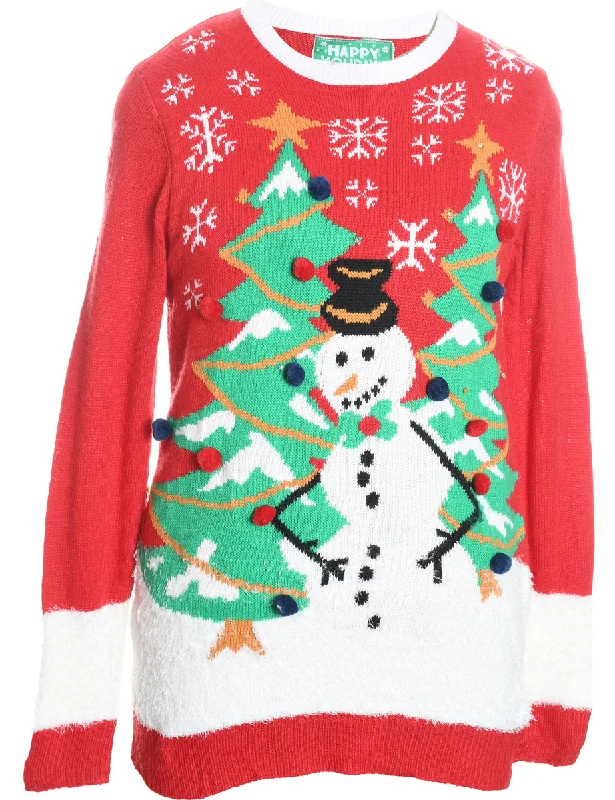 Snowman Design Red, Green & White Jumper - M